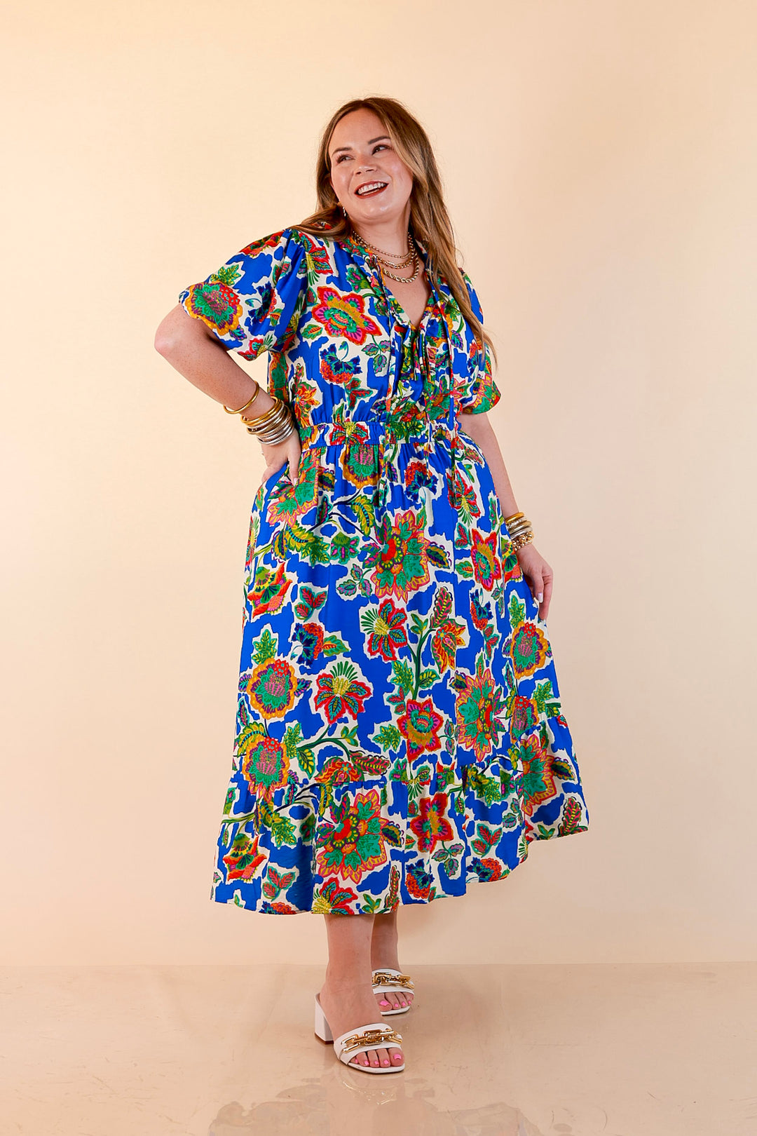 Color Me Happy Floral Print Midi Dress with Tie Neckline and Puff Sleeves in Royal Blue