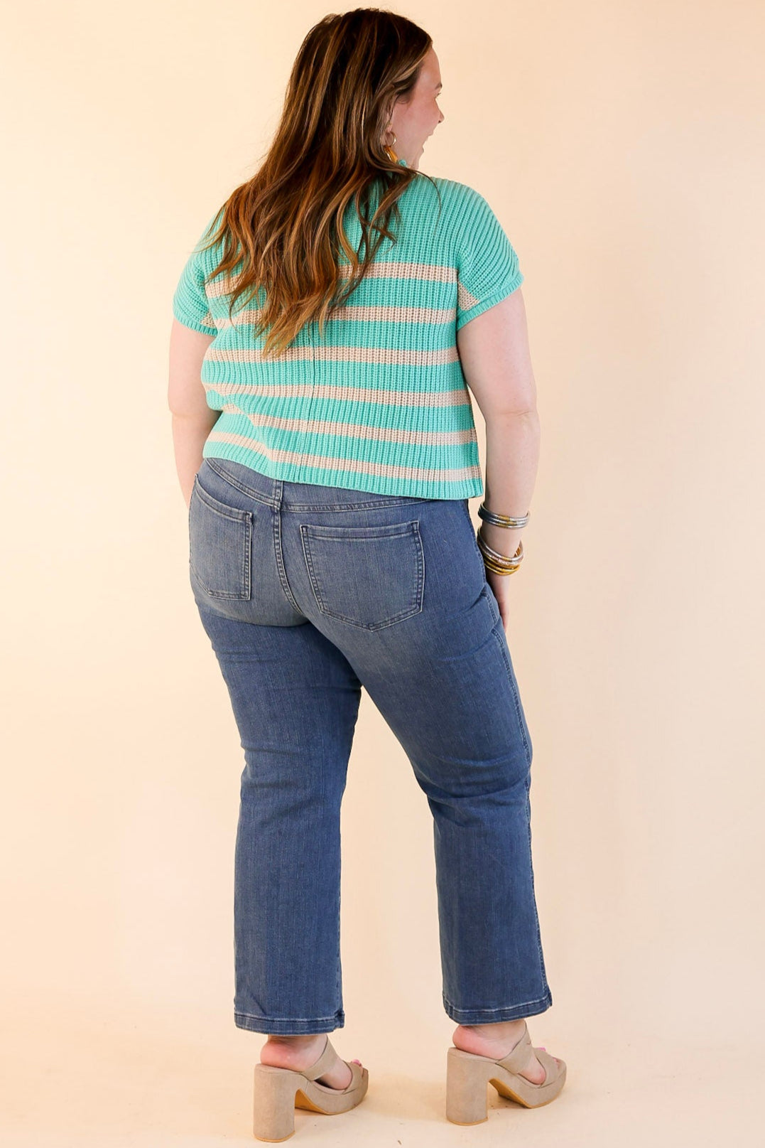 Repeat Worthy Striped Cap Sleeve Cropped Sweater with Front Pocket in Mint Green