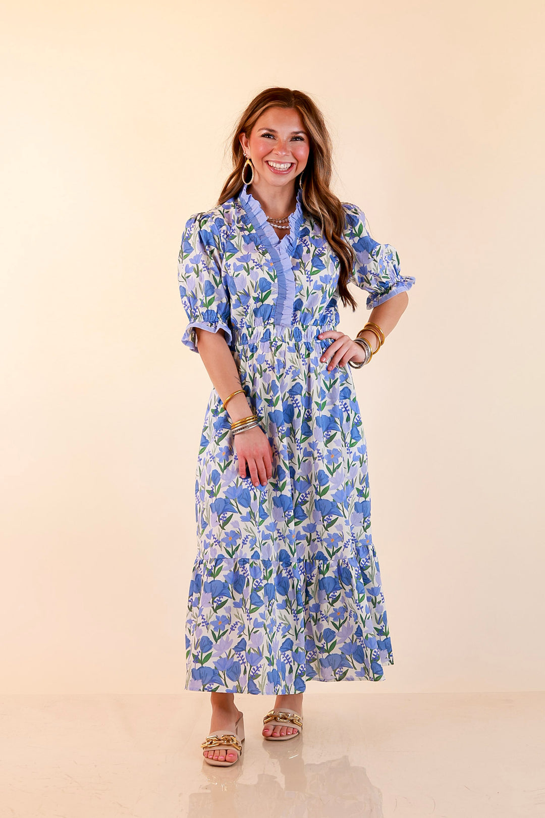 Gracefully Yours Floral Print Midi Dress with Contrast Ruffle Trim in Blue