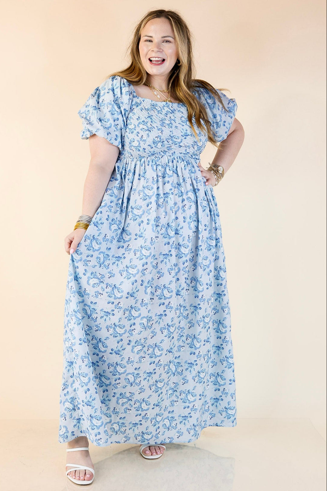 Floral Print Maxi Dress with Short Puff Sleeves in Blue Giddy Up Glamour Boutique Floral Print Maxi Dress with Short Puff Sleeves in Blue Giddy Up Glamour Boutique