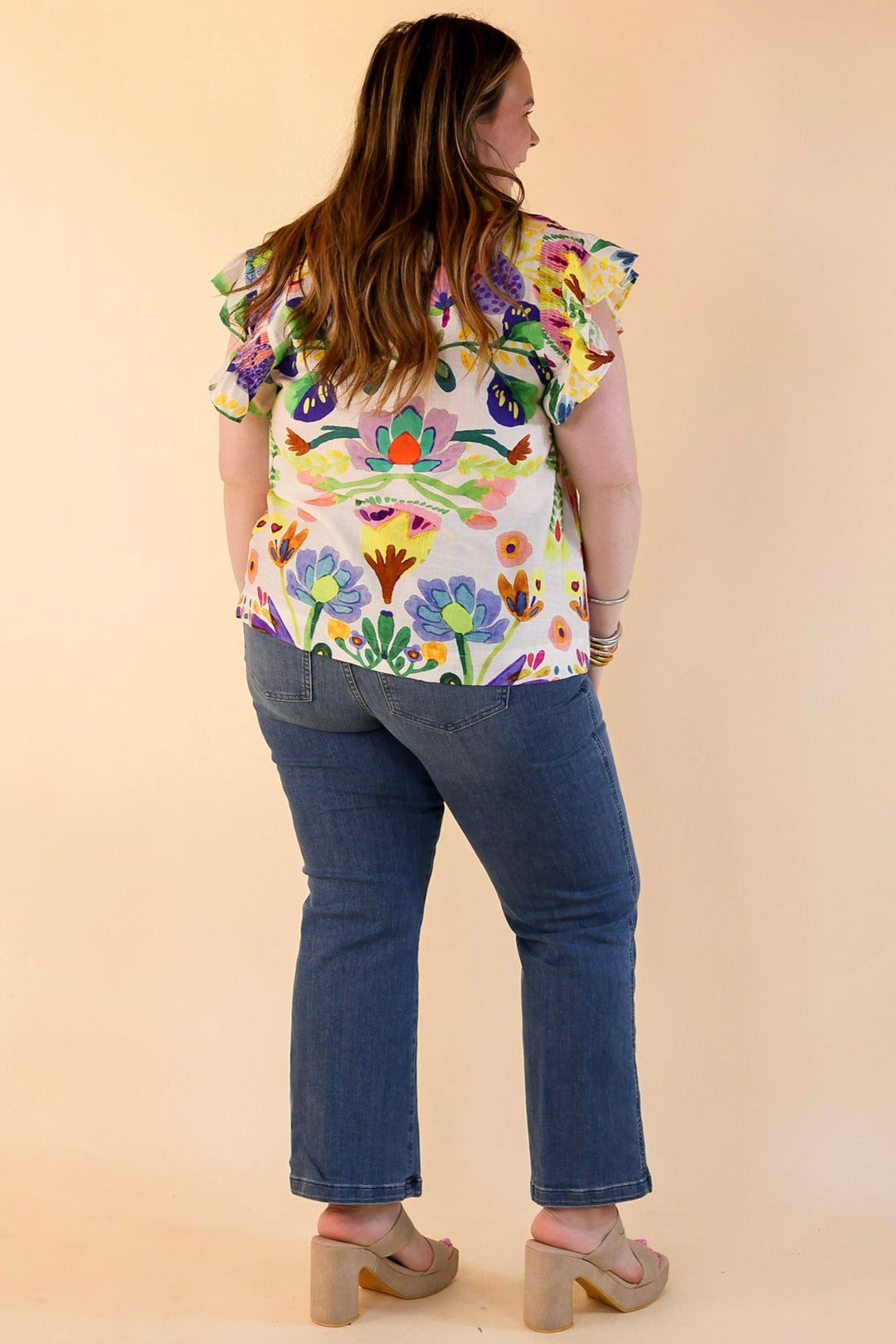 Island Escape Floral Print Top with Ruffle Cap Sleeves and Notched Neckline in Green Mix