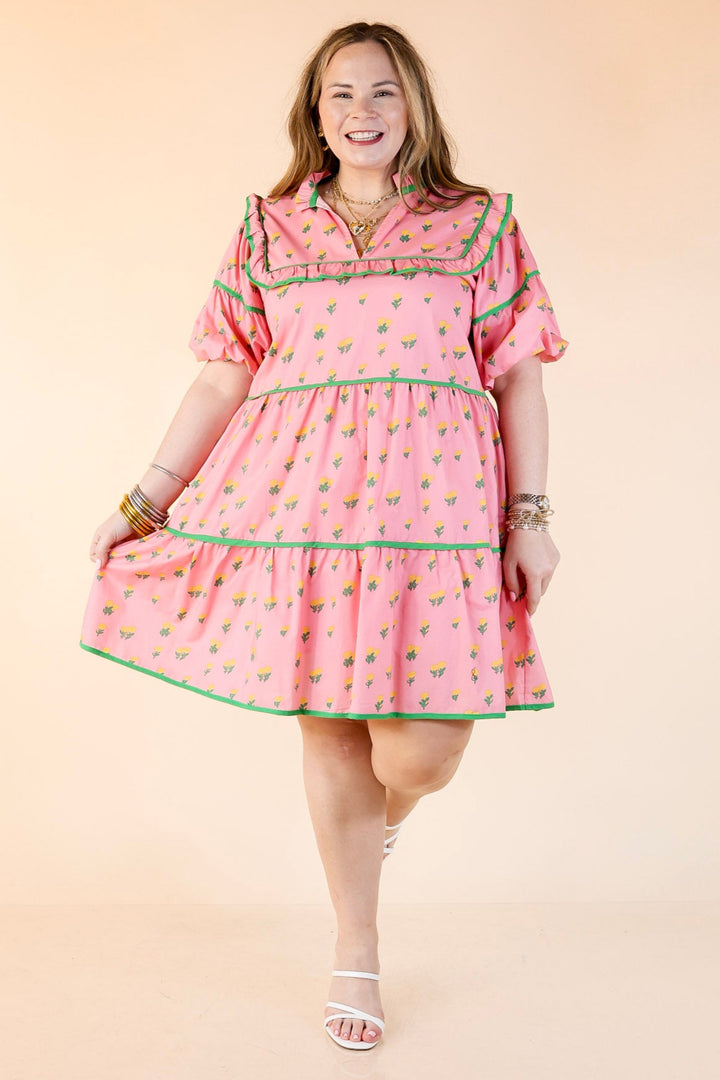 Pretty Please Floral Print Tiered Babydoll Dress in Pink