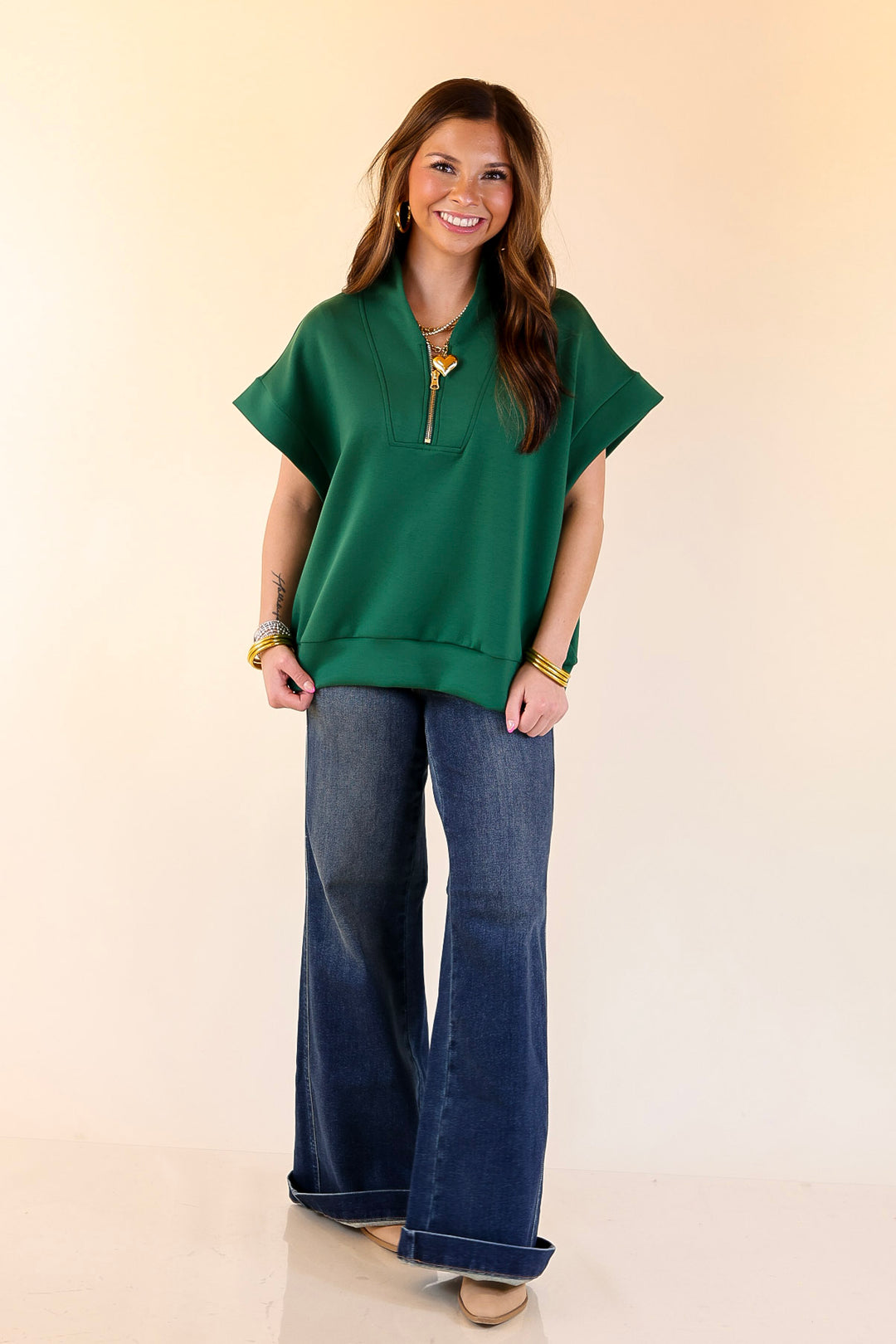 Top Priority Half Zip Collared Scuba Top in Hunter Green