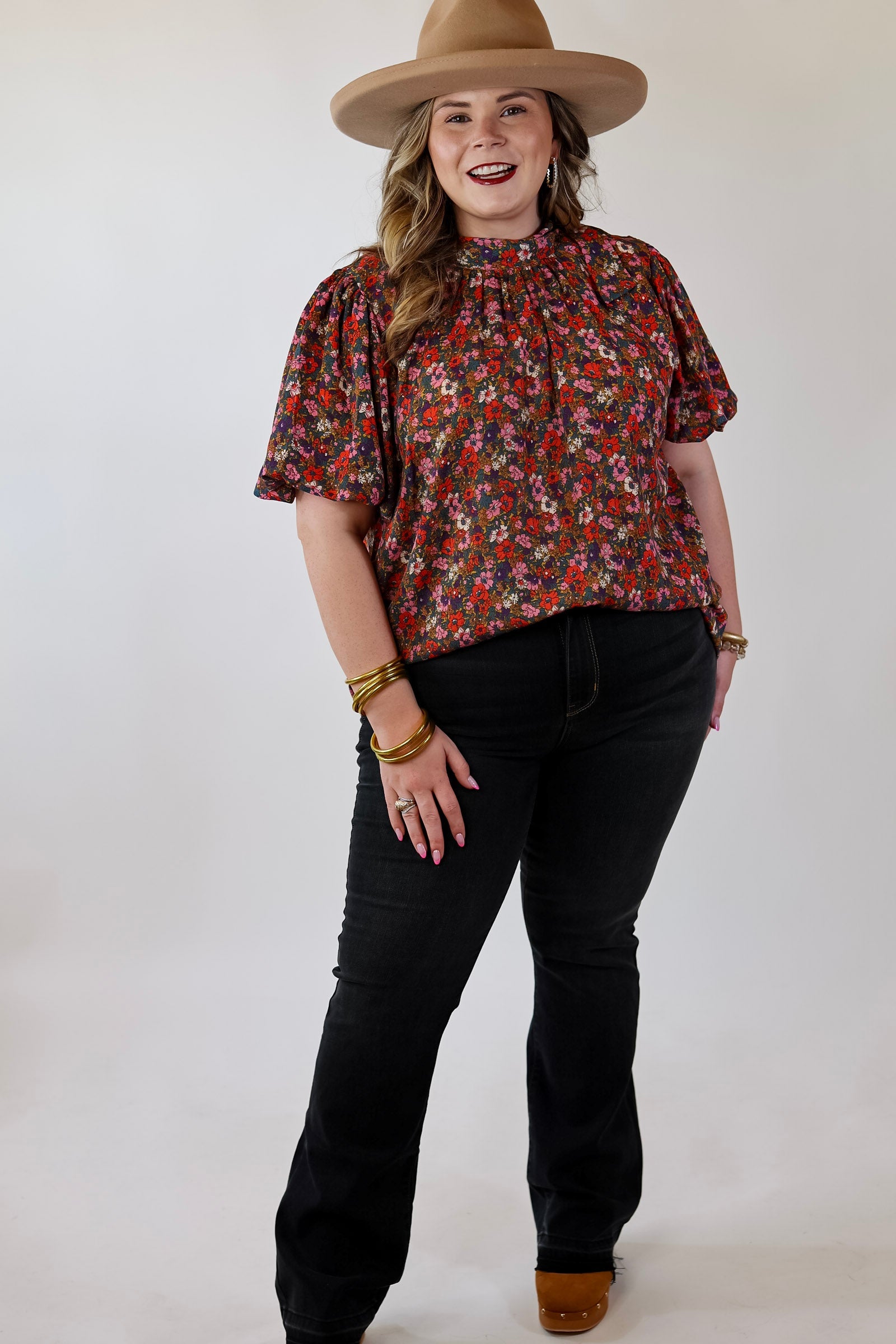 All Day Divine Mock Neck Floral Short Sleeve Top with Tie Back - Giddy Up Glamour Boutique