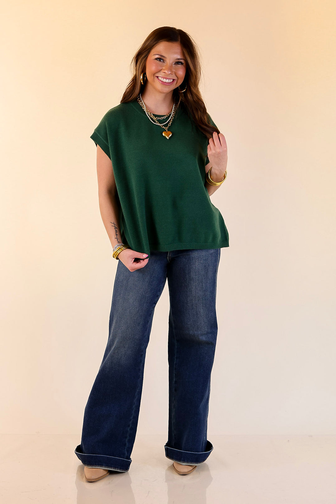 Effortlessly Yours Short Sleeve Oversized Sweater in Forest Green