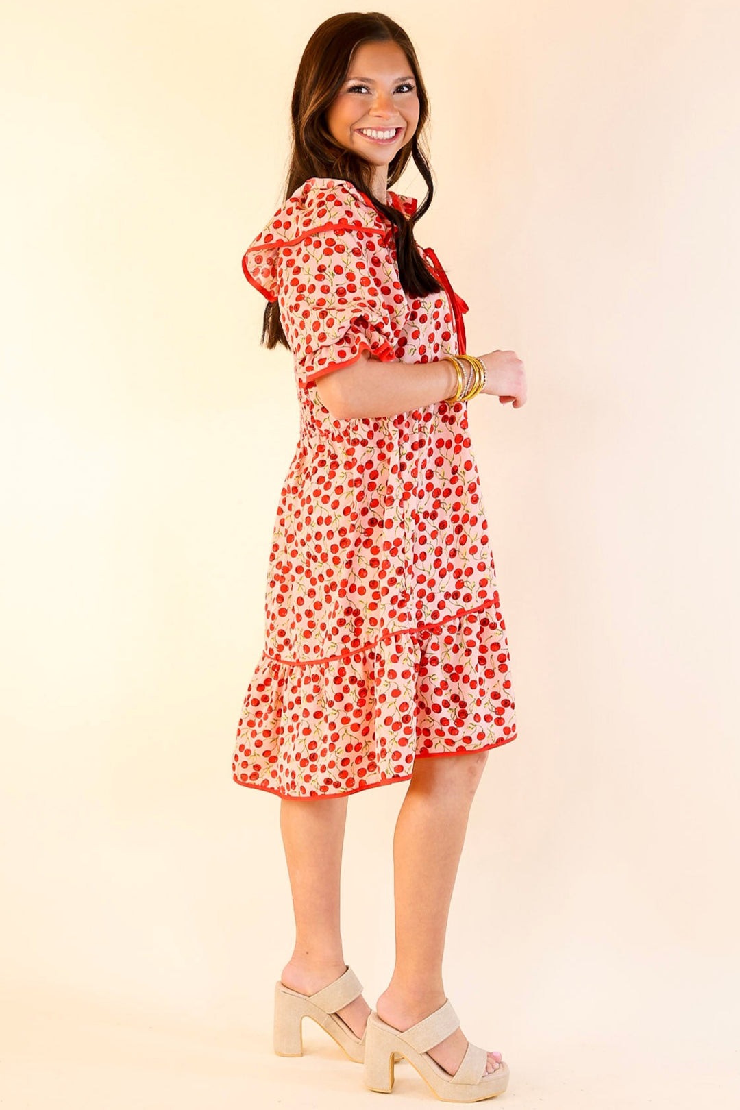 Cherry on Top Puff Sleeve Dress in Light Pink and Red