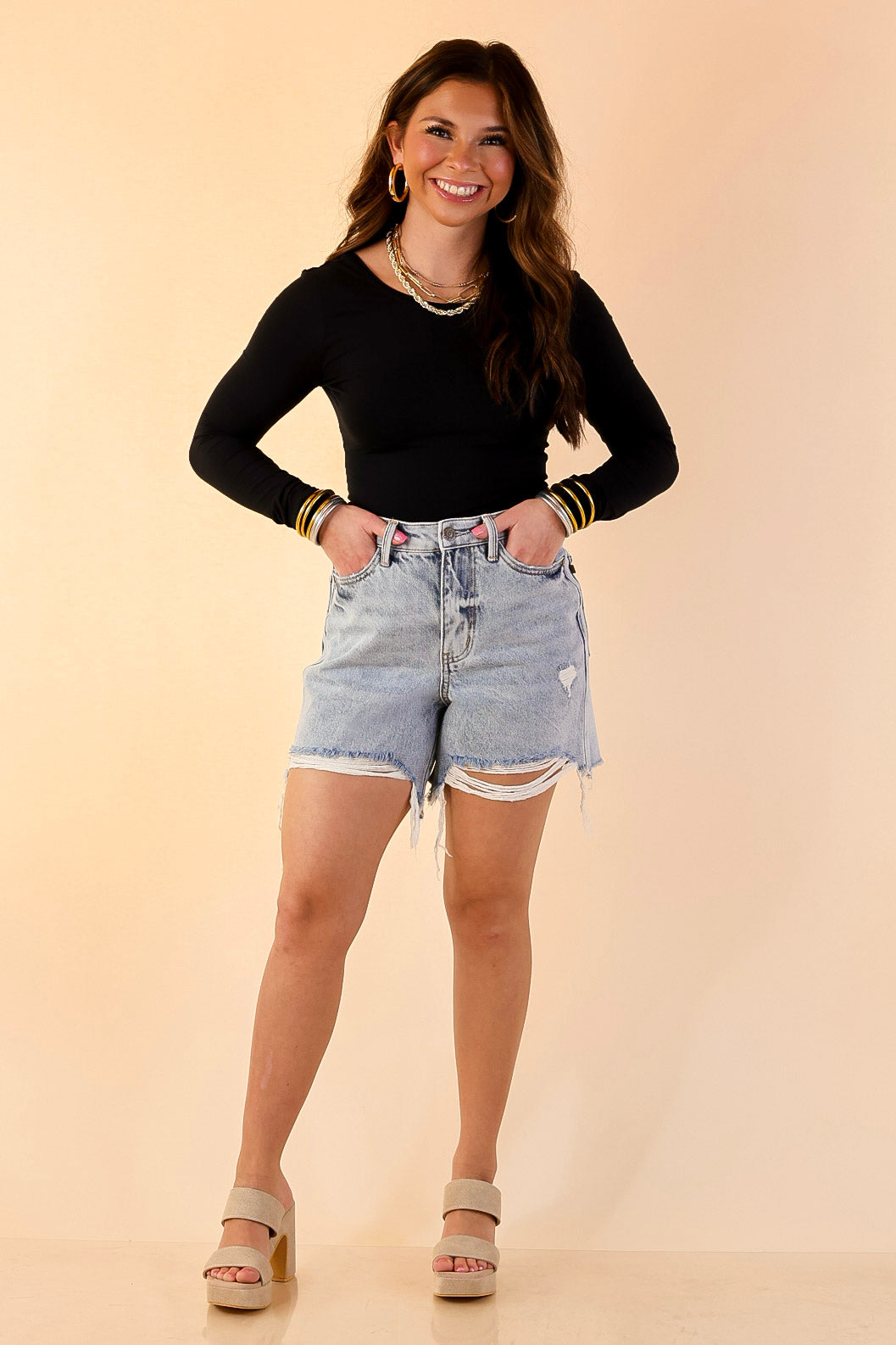 Judy Blue | Effortless Edge Rigid Magic Distressed Frayed Hem Denim Dad Shorts in Light Wash