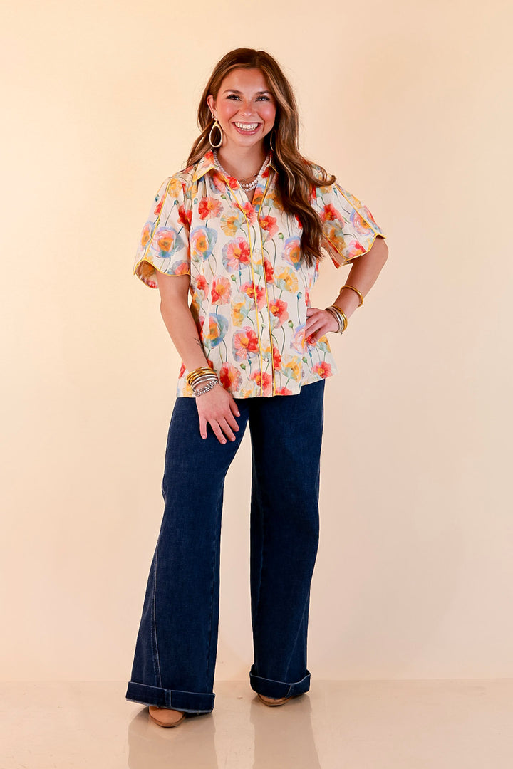 Petals and Plans Poppy Floral Print Button Up Collar Blouse in Cream