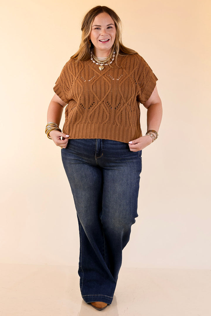 Knit to Last Cable Knit Short Sleeve Sweater Top in Camel Brown