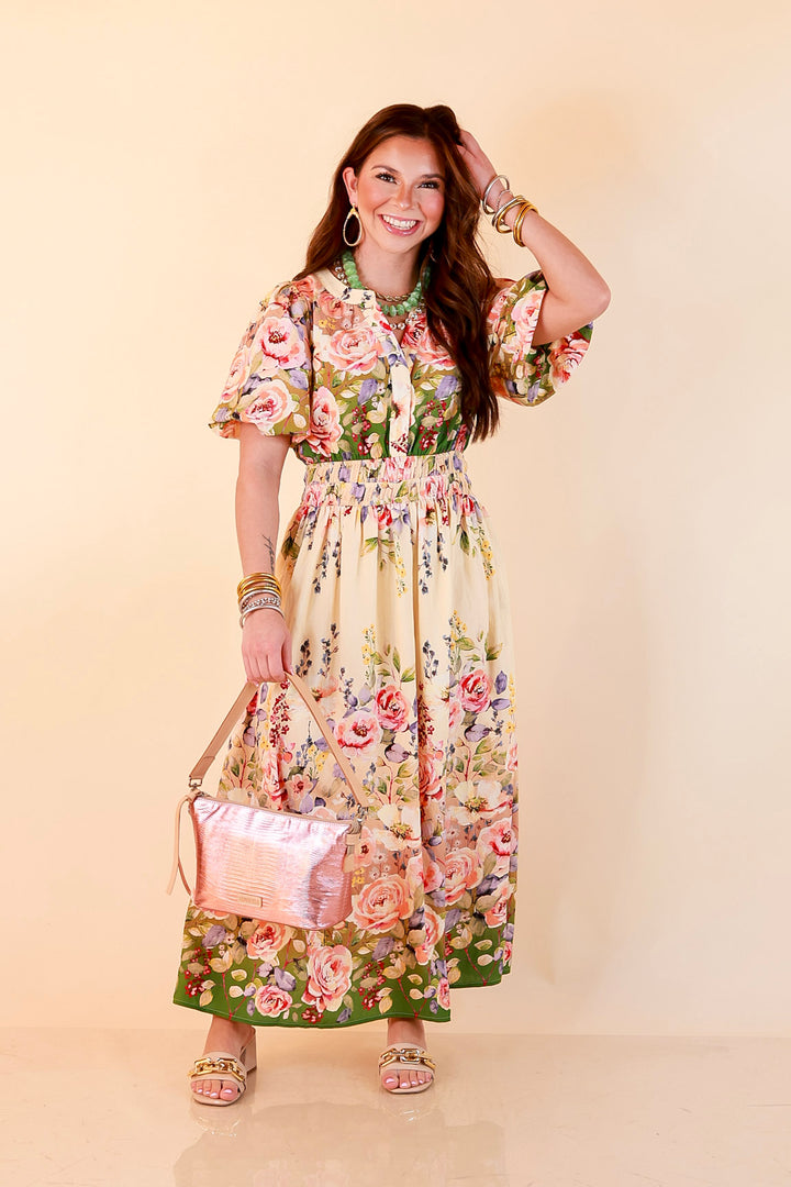 Brunch with the Girls Puff Sleeve Smocked Waist Floral Print Tiered Midi Dress in Ivory and Olive Green Multi
