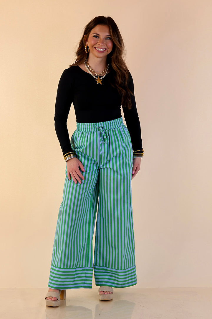 Weekend Energy Striped Drawstring Wide Leg Pants in Green and Blue