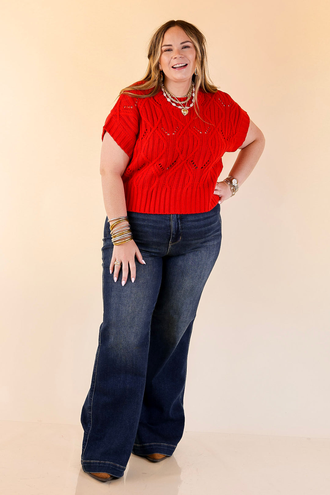 Knit to Last Cable Knit Short Sleeve Sweater Top in Red