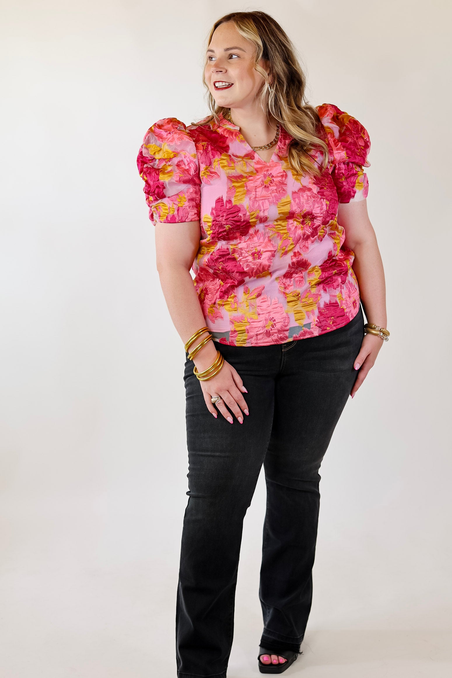 A Fine Feeling Floral Print Top with Puffed Sleeves in Pink - Giddy Up Glamour Boutique