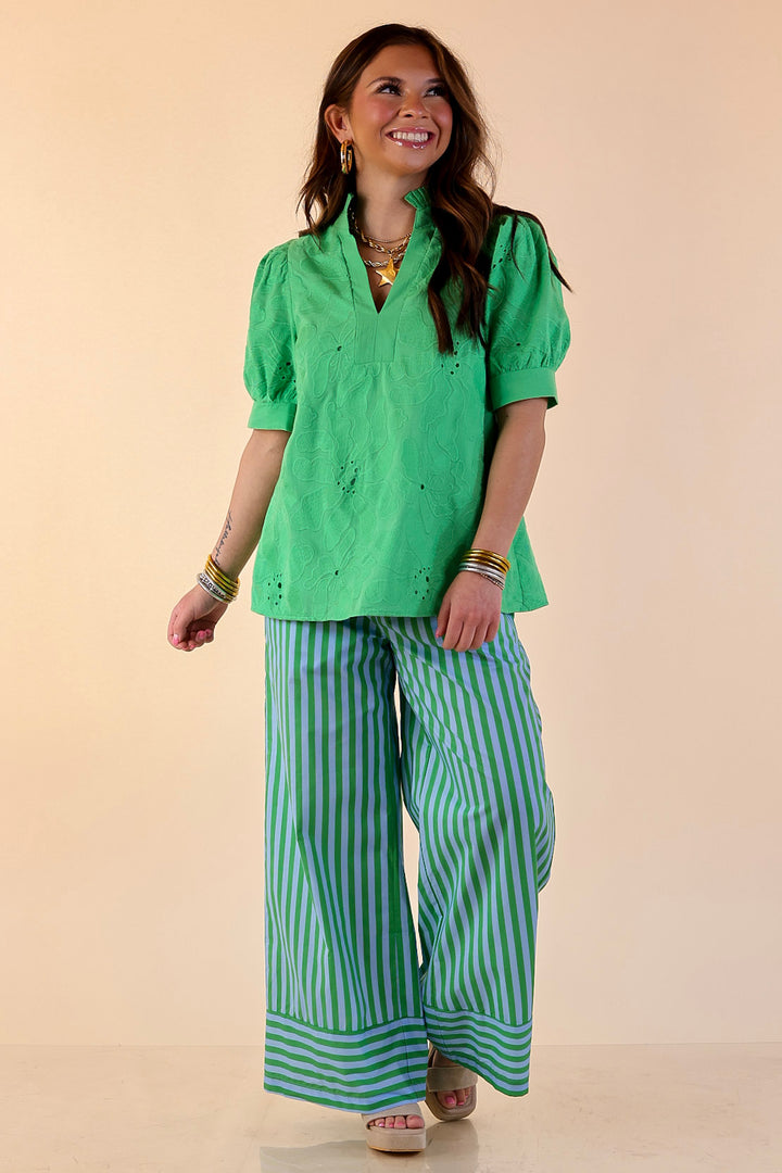 Weekend Energy Striped Drawstring Wide Leg Pants in Green and Blue