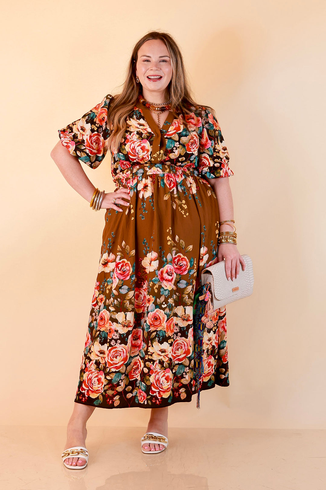 Brunch with the Girls Puff Sleeve Smocked Waist Floral Print Tiered Midi Dress in Chocolate Brown Multi