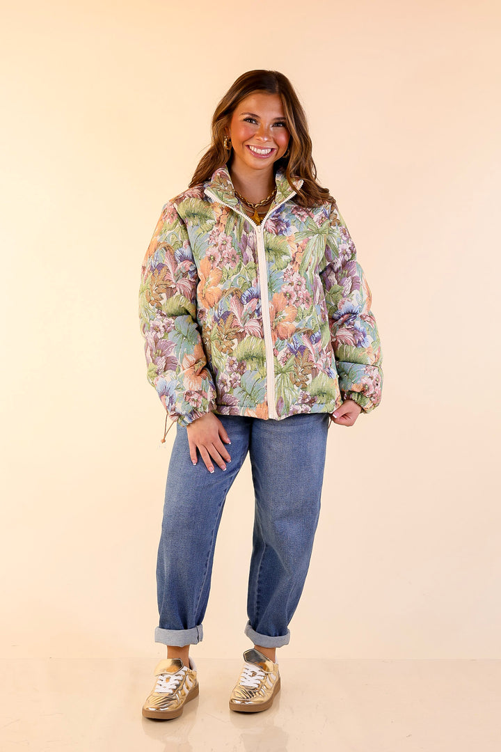 Whispers of Winter Floral Print Zip Up Puffer Jacket in Cream