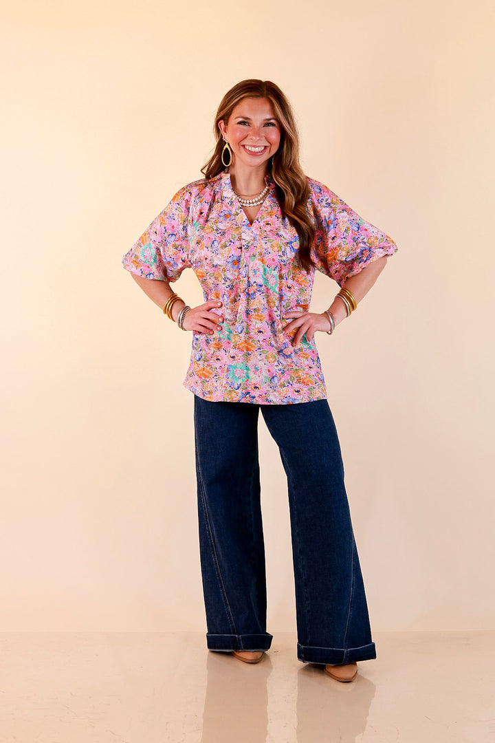 Blooming Beauty Floral Print V Neck Top with Smocked Neckline and Puff Sleeves in Pink Multi Color