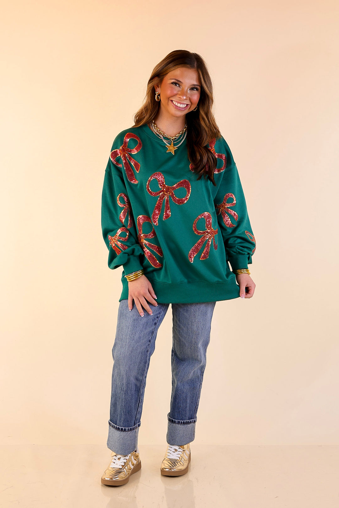 Wrapped in Style Crewneck Sweatshirt with Sequin Red Bows in Dark Green