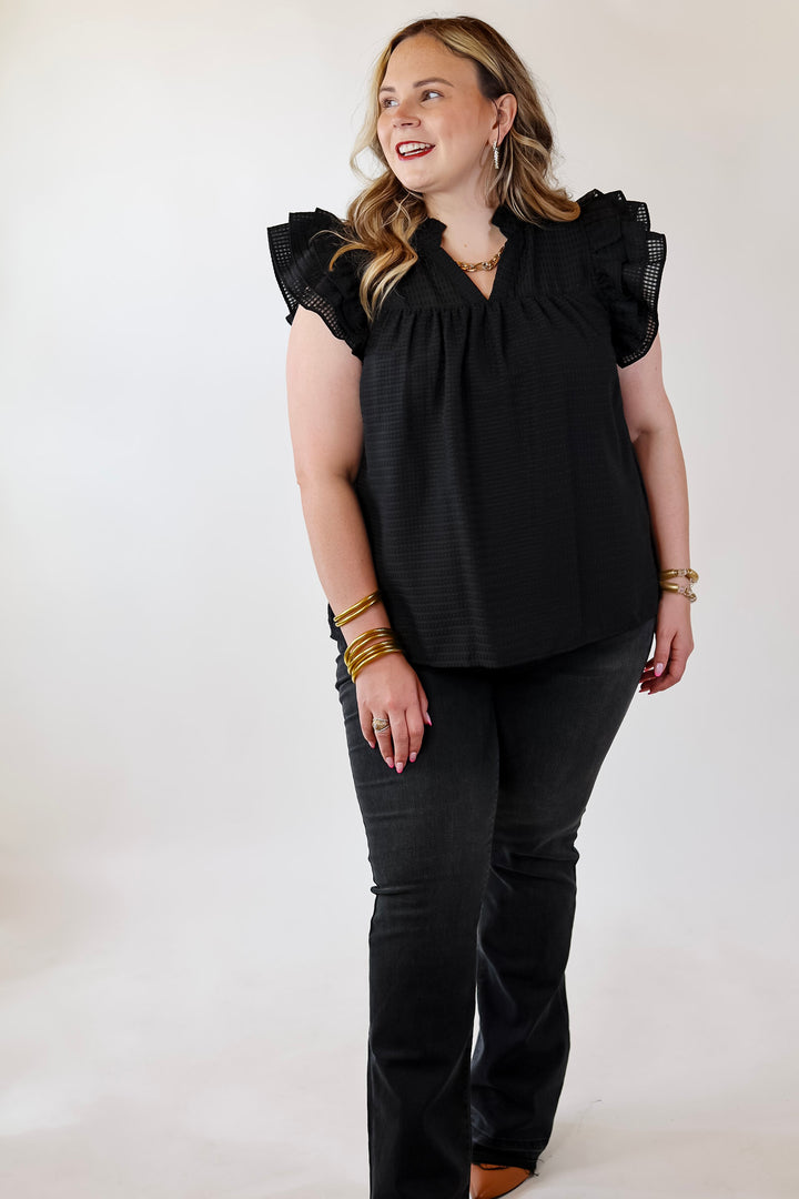 Perfectly Fabulous Ruffle Cap Sleeve Top in Black - Giddy Up Glamour Boutique