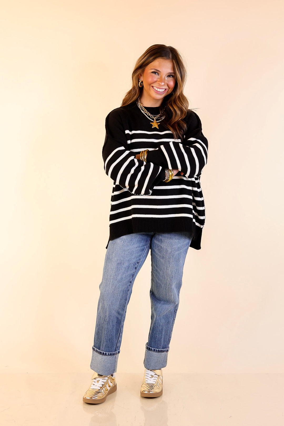 Snug and Stylish Mock Neck Striped Sweater with Side Slit in Black with Ivory Stripes