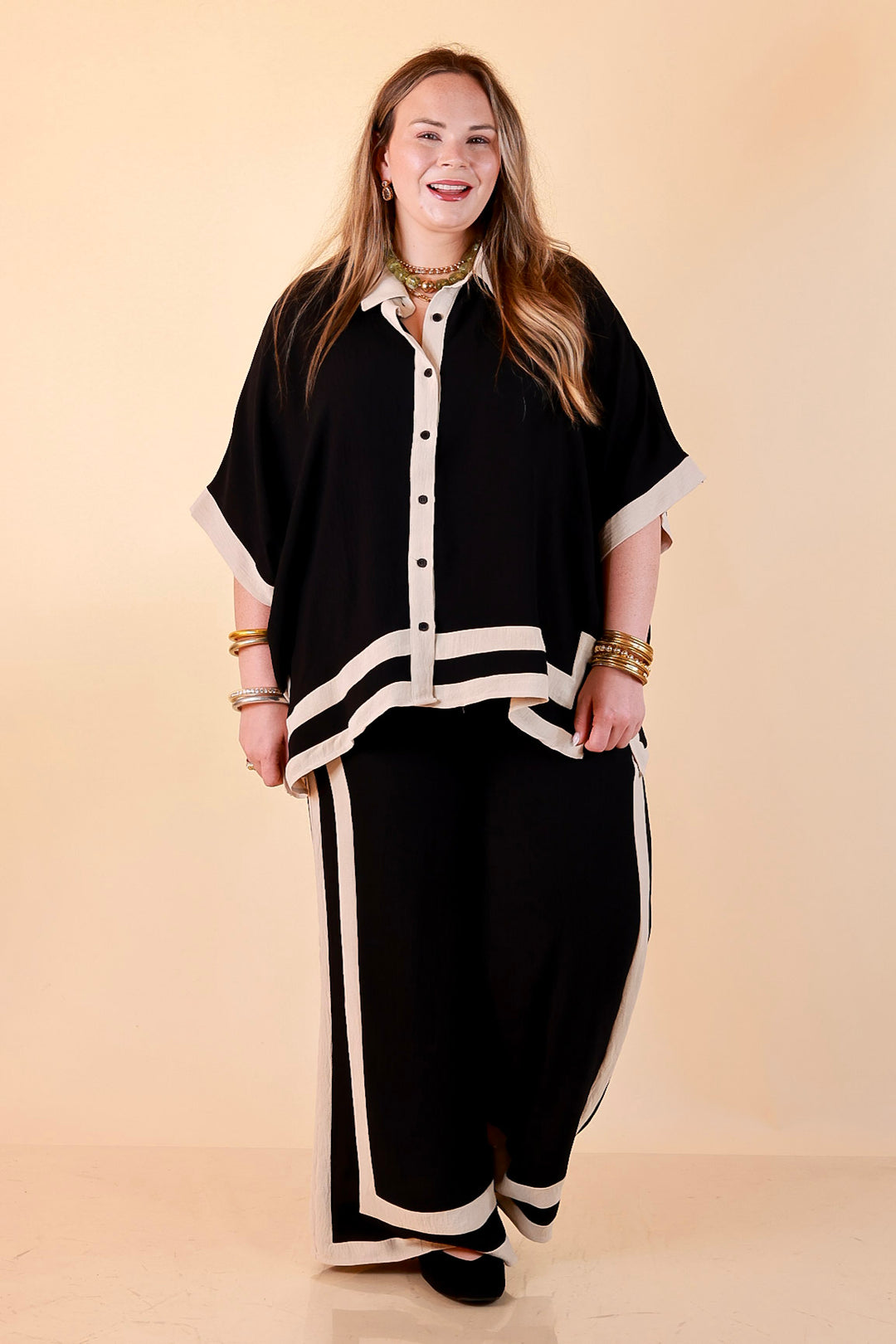 First Class Chic Button Front Collared Top with Matching Wide Leg Pants Set in Black and Ivory