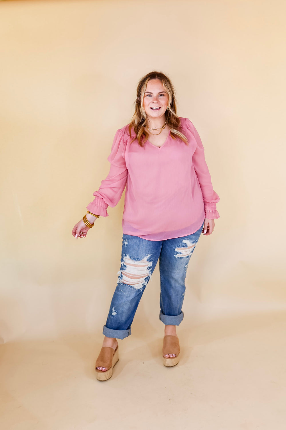 Casually Stunning V Neck Long Sleeve Blouse in Mauve Pink - Giddy Up Glamour Boutique