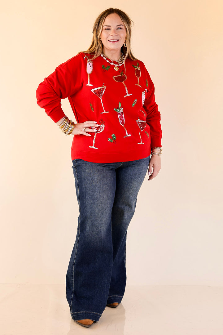 Mud Pie | Season's Sippings Oversized Sequin Cocktail Graphic Sweatshirt in Red