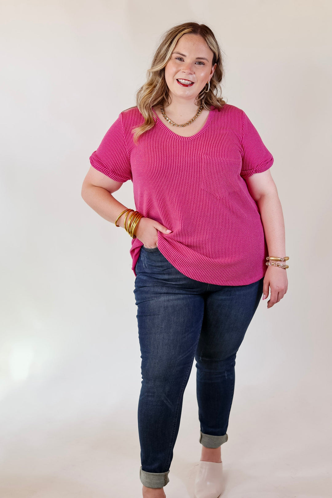 Only True Love Ribbed Short Sleeve Top with Front Pocket in Orchid Pink - Giddy Up Glamour Boutique