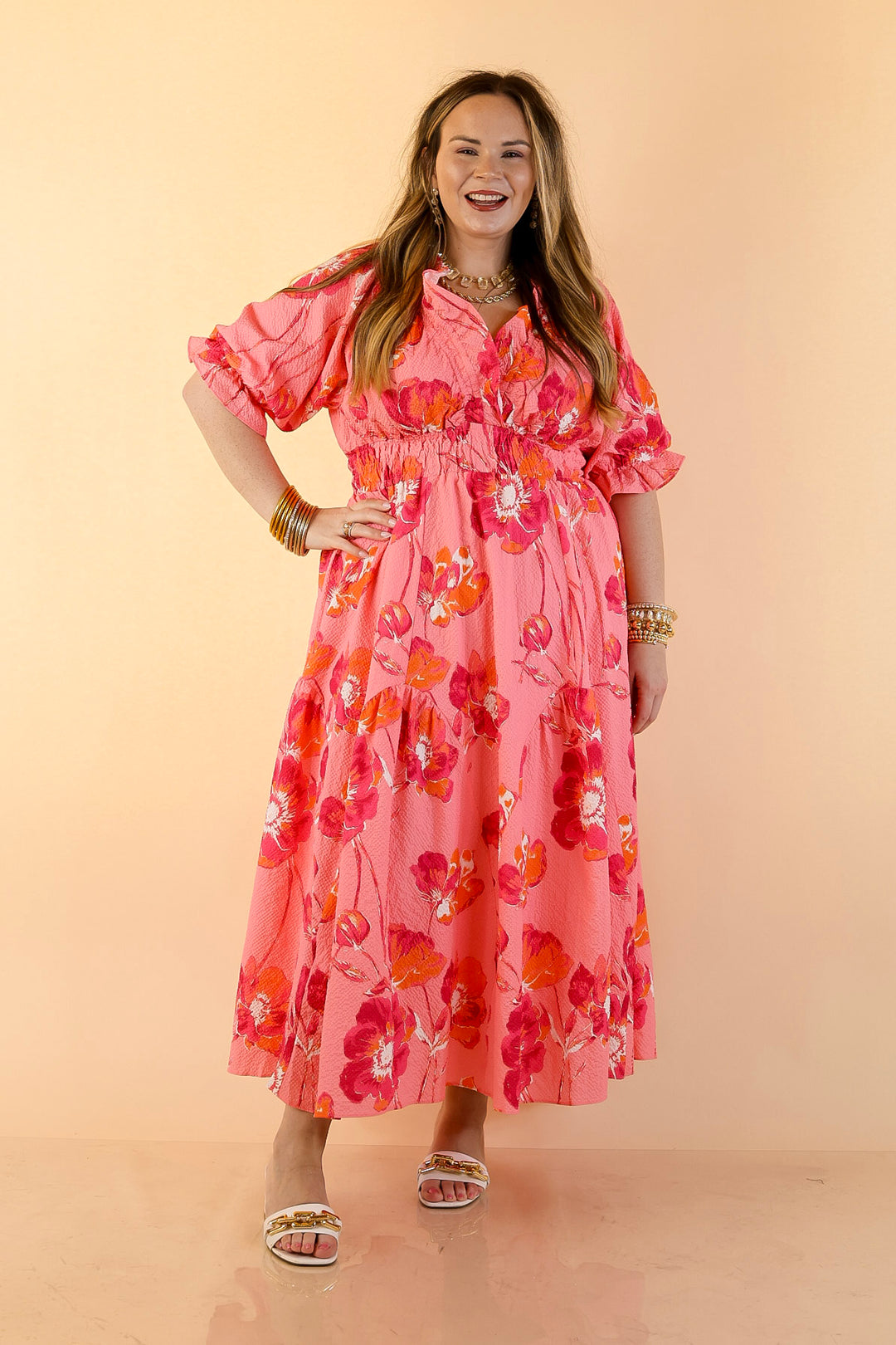 Breezy Belle Floral Print Textured Puff Sleeve Midi Dress with Smocked Waist in Pink Mix