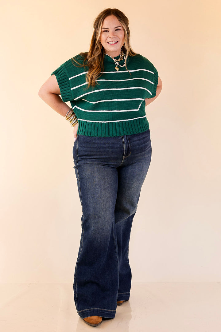 Sweet in Stripes Short Sleeve Striped Mock Neck Sweater in Forest Green