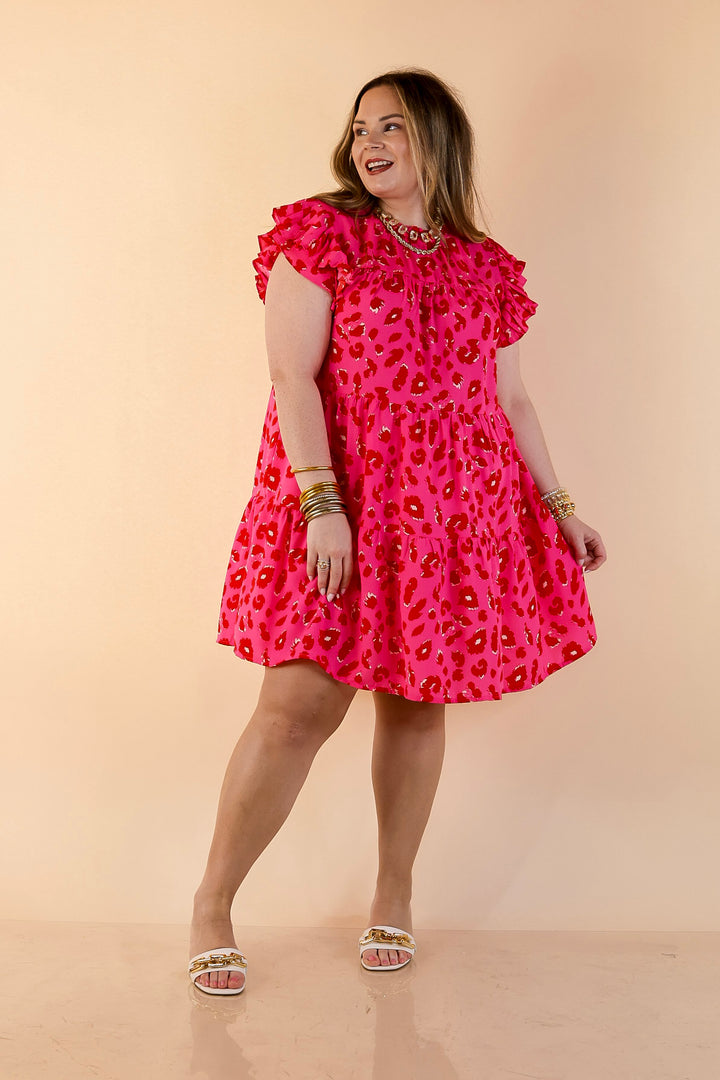 Daring and Delightful Leopard Print Dress with Ruffle Cap Sleeves in Pink and Red