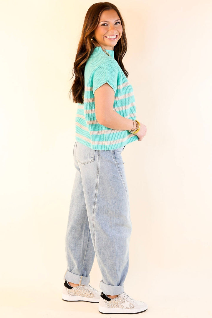 Repeat Worthy Striped Cap Sleeve Cropped Sweater with Front Pocket in Mint Green