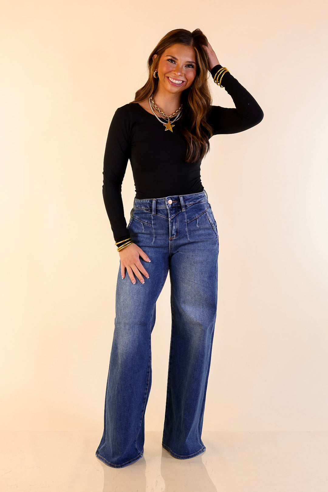 Risen | Rocky Mountain Retreat 90's Inspired Wide Leg Front Yoke Seam Detail Jeans in Dark Wash