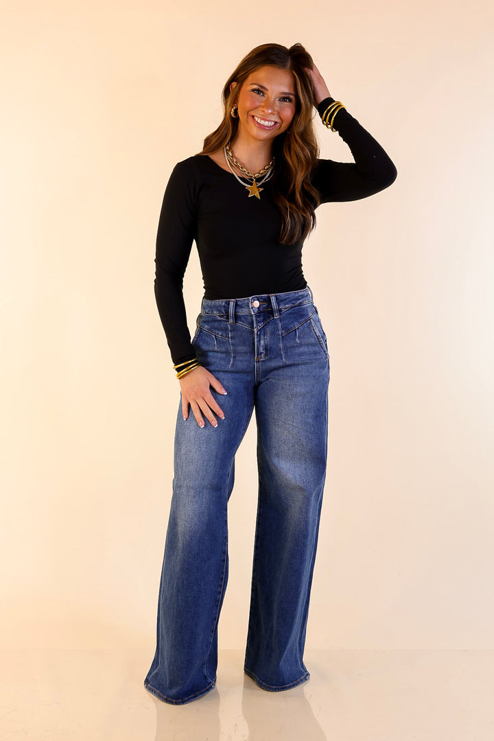 Risen | Rocky Mountain Retreat 90's Inspired Wide Leg Front Yoke Seam Detail Jeans in Dark Wash