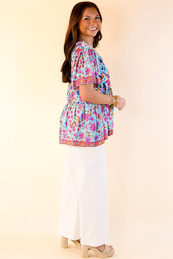 Tulip Fields Floral Print Babydoll Top in Mint Mix