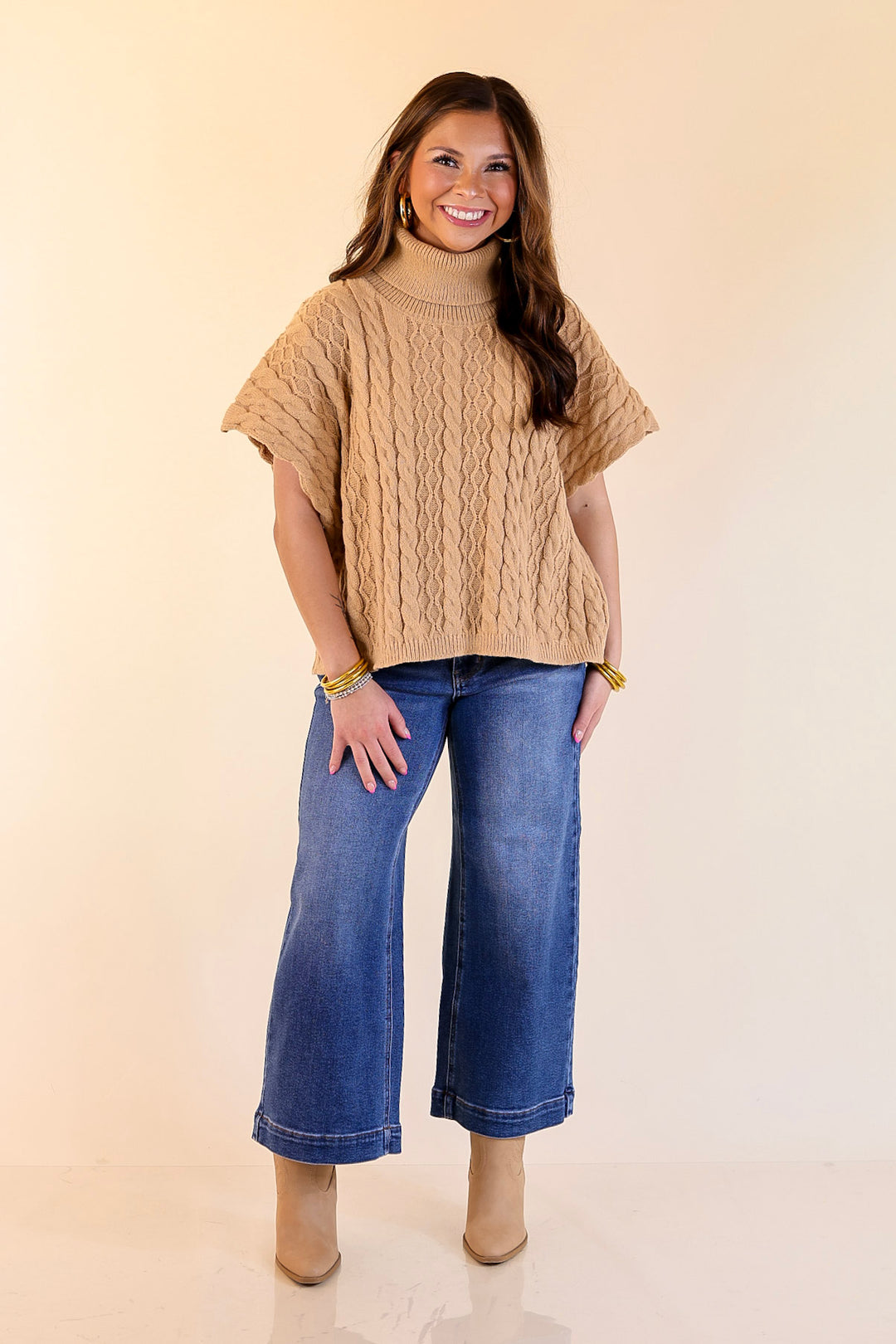 Knit to Be Cable Knit Turtleneck Sweater in Taupe