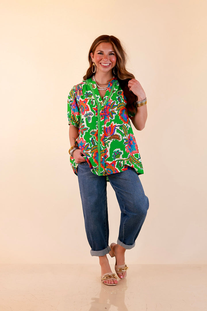 Petal Pop Floral Print Ruffle Front Button Up Top with Puff Sleeves in Green