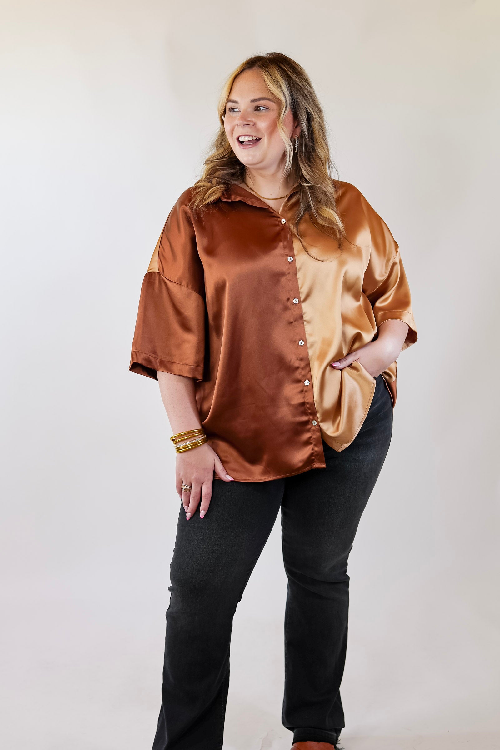 Meant To Be Happy Button Up Color Block Satin Top in Brown Mix - Giddy Up Glamour Boutique