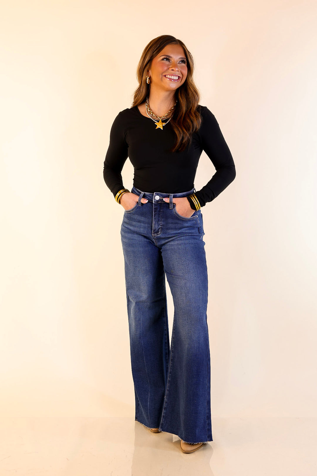 Risen | Signature Silhouette Wide Leg Raw Hem Palazzo Jeans in Dark Wash