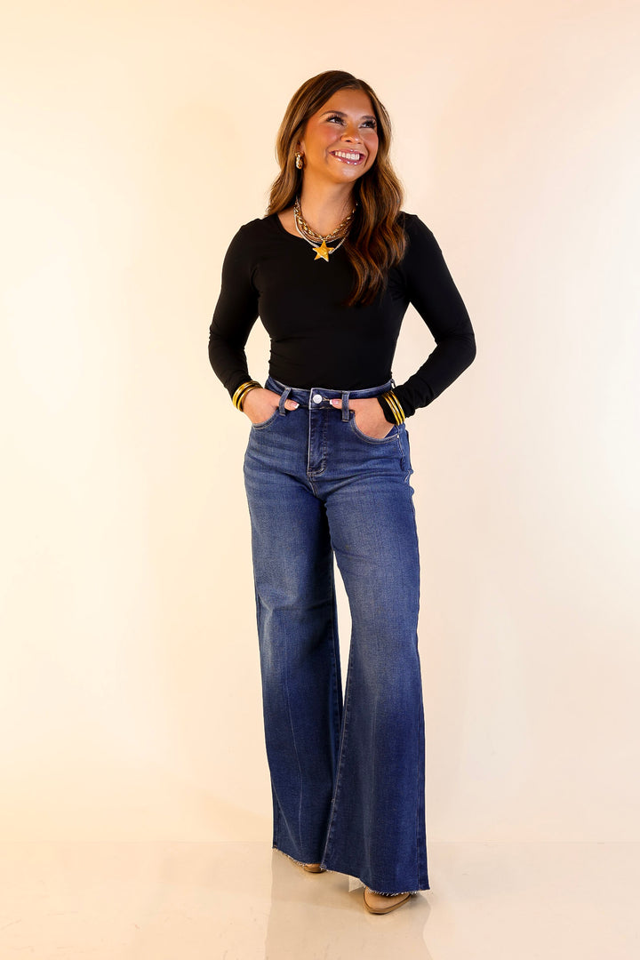 Risen | Signature Silhouette Wide Leg Raw Hem Palazzo Jeans in Dark Wash