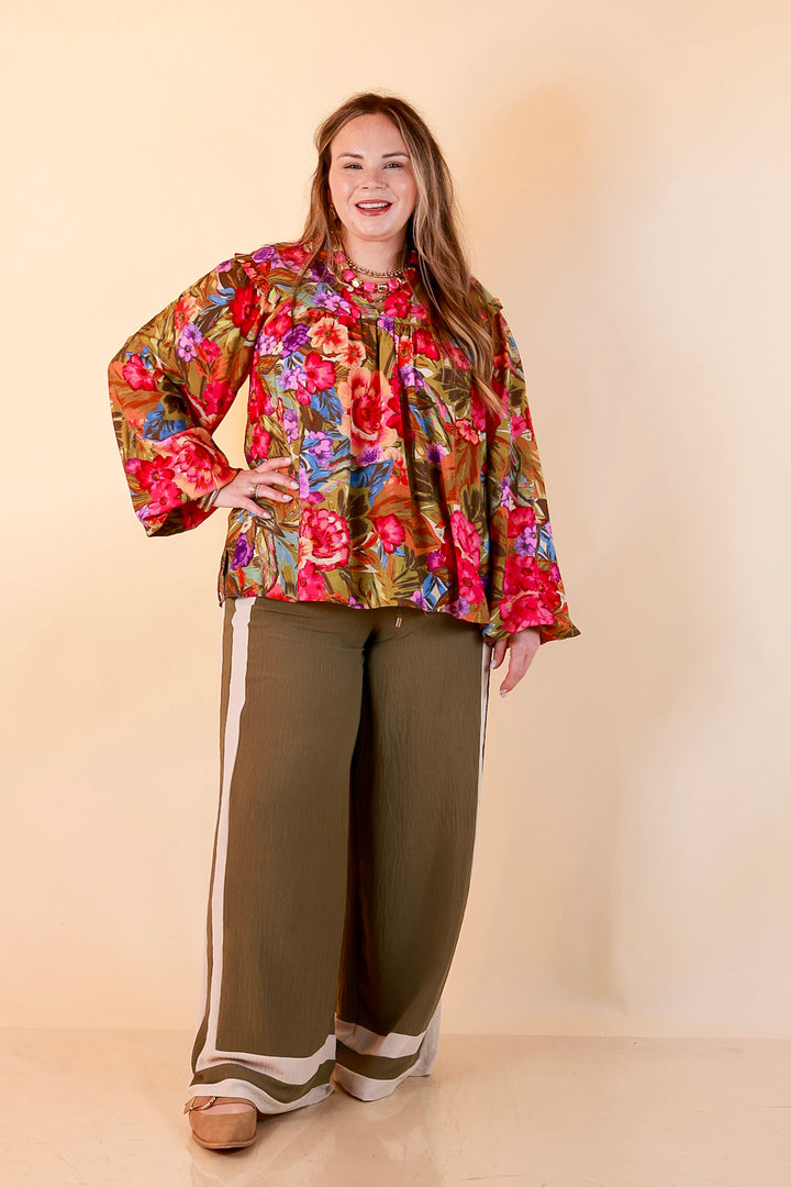 Garden Social Long Sleeve Ruffle Shoulder V-Neck Flowy Floral Print Blouse in Olive Green Multi
