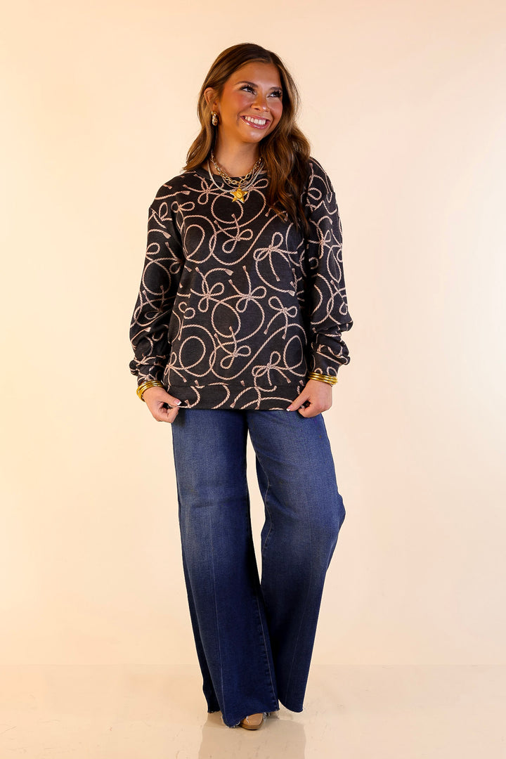 Tied with Grace Super Soft Brushed Long Sleeve Sweatshirt with Rope and Bow Design in Black