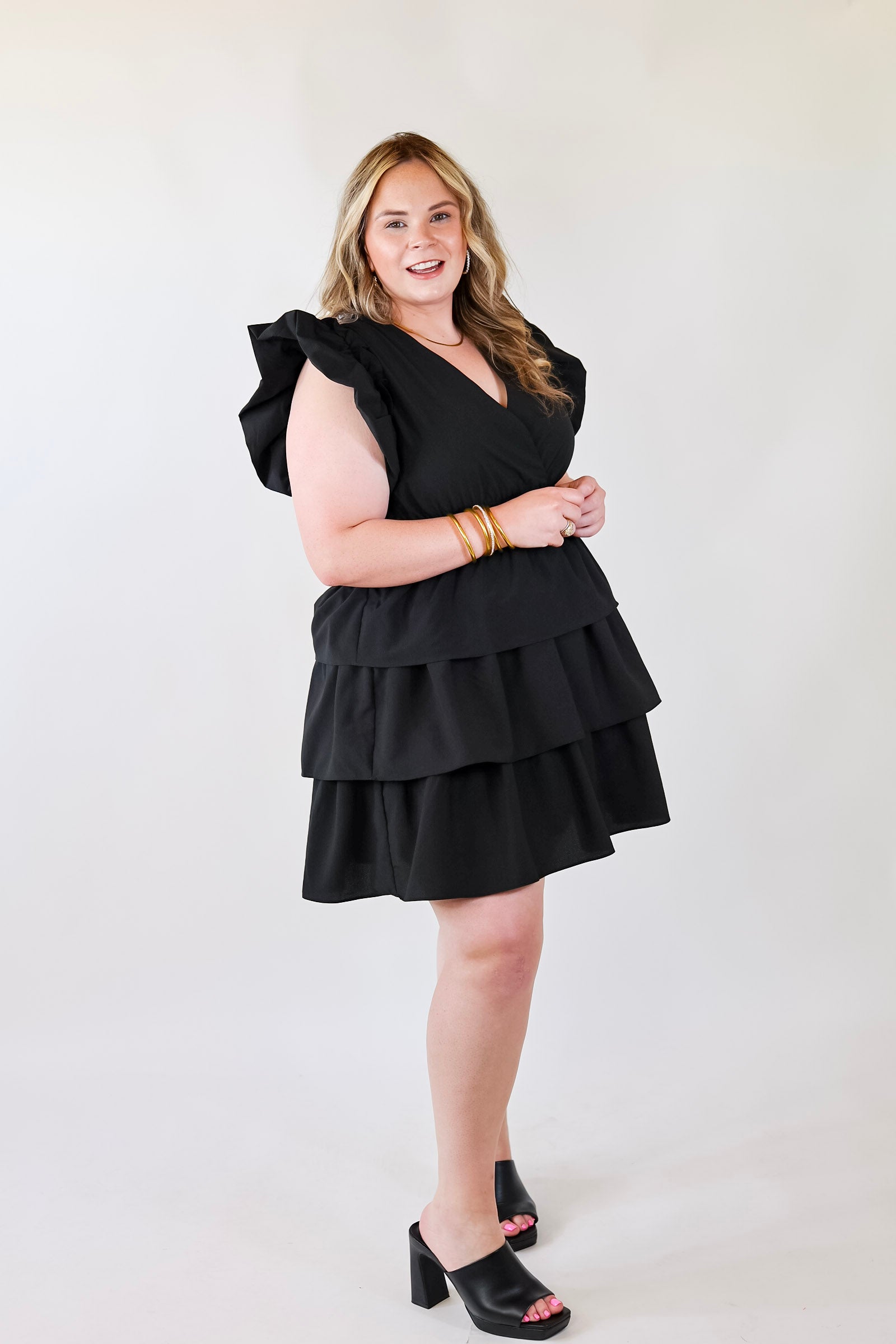 The Perfect Night Ruffle Cap Sleeve Dress in Black - Giddy Up Glamour Boutique