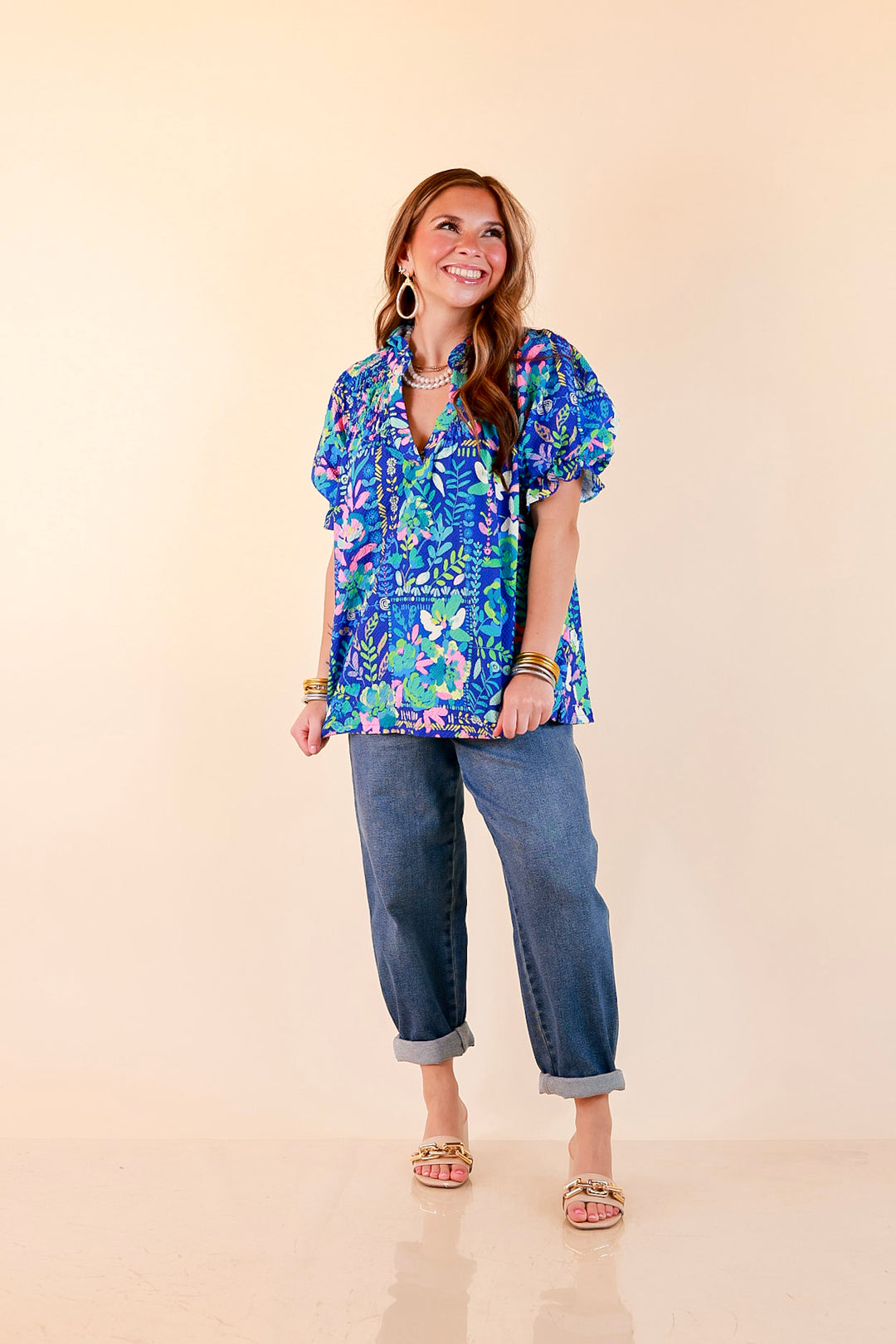 Living in Color Watercolor Floral Print Textured Top with Puff Sleeves in Royal Blue