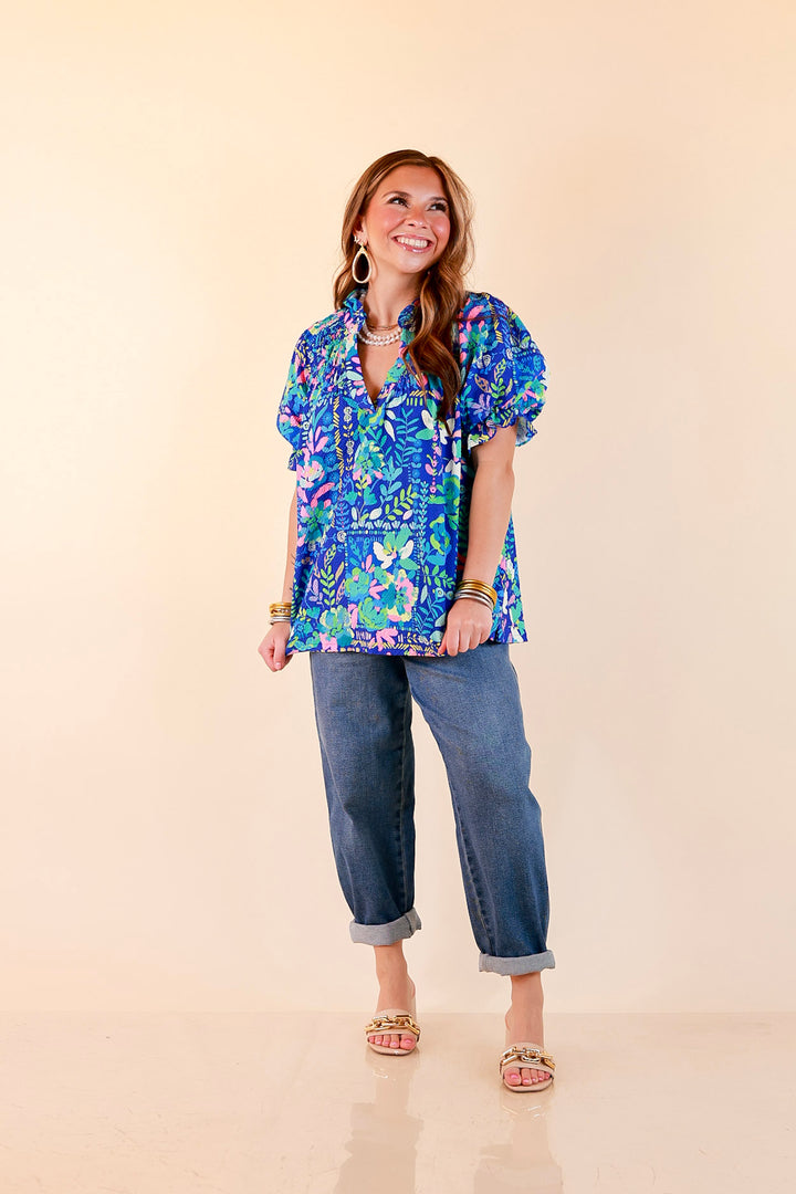 Living in Color Watercolor Floral Print Textured Top with Puff Sleeves in Royal Blue