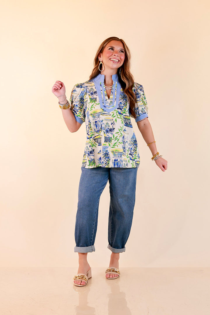 Coast is Clear Vase Print Contrast Trim Top with Puff Sleeves in Blue Multi