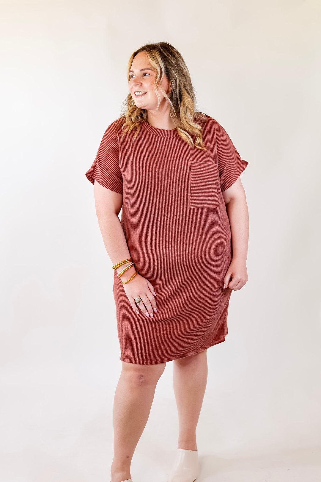 Coffee and Carefree Ribbed Short Sleeve Dress with Front Pocket in Rust Red - Giddy Up Glamour Boutique