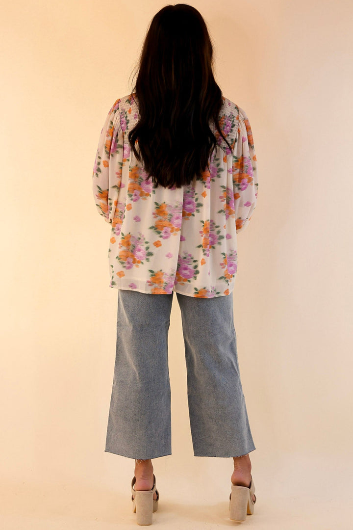 Garden Glow Watercolor Floral Print Blouse with High Neckline in Ivory