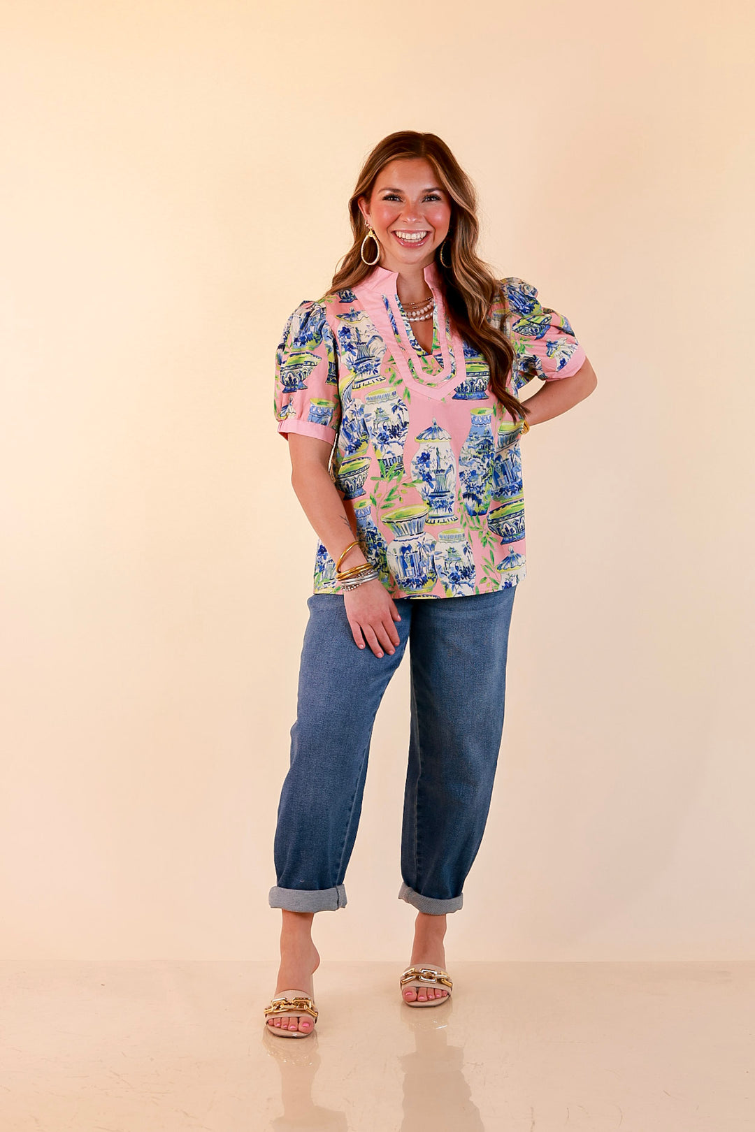Coast is Clear Vase Print Contrast Trim Top with Puff Sleeves in Coral Pink Multi