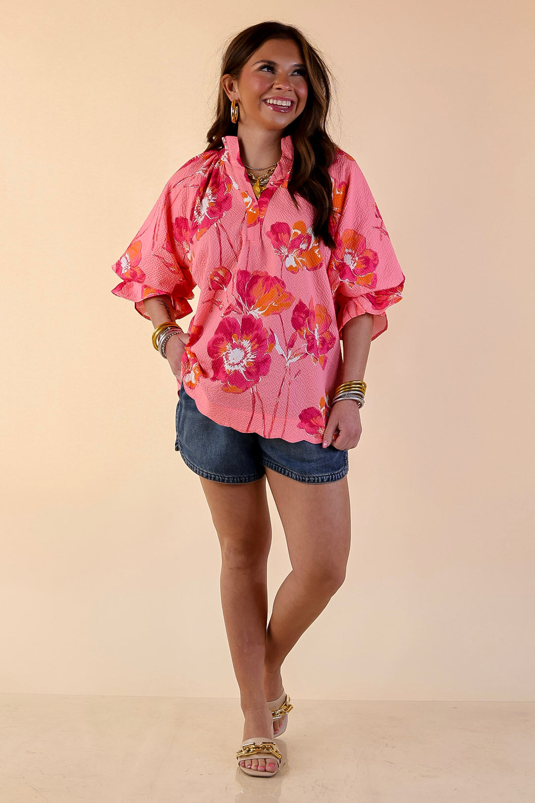 Petal Perfect Floral Print Textured Puff Sleeve Top with Ruffle Split Neckline in Pink Mix